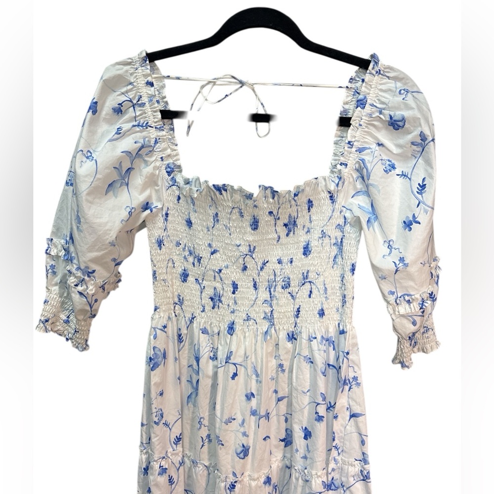 Hill House Home Nesli Nap Dress Blue Botanical Smocked Midi MSRP $175 XS - Picture 3 of 5